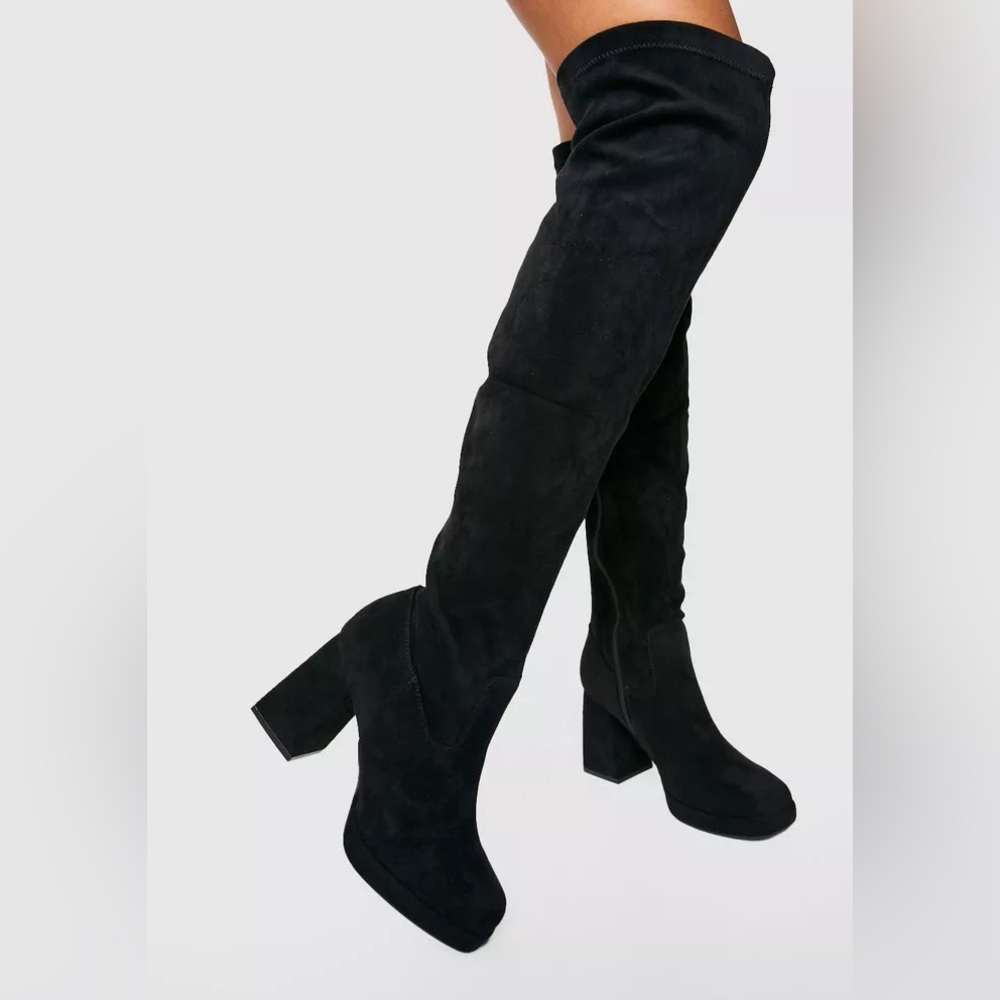 Krush Platform Over the Knee  Block Heel Black Boots